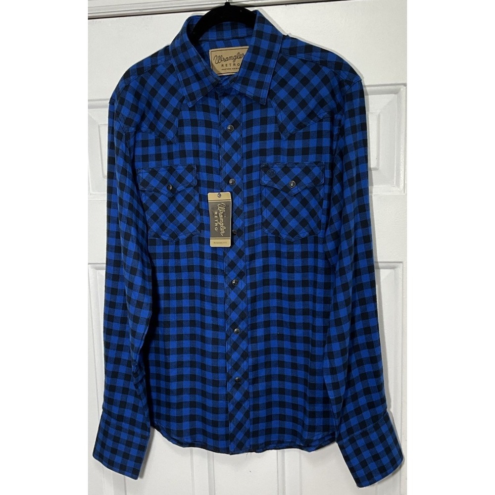 Wrangler Retro Western Long Sleeve Shirt Blue Plaid Pearl Snap Men's Small